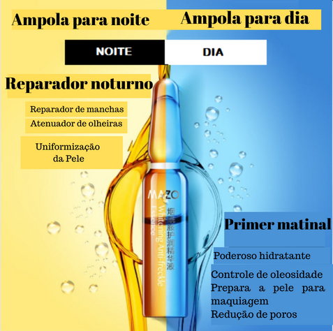 Contém 60 ampolas de 2ml de niacinamida , 30 para uso diurno e 30 para uso noturno.