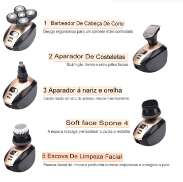 5 EM 1 , BARBEADOR ELÉTRICO PROFISSIONAL Recarregável Masculino, cabeça careca, RASPAR CABEÇA, BARBA, PEITO, Navalha aparadora, Escova Facial, 5 tipos